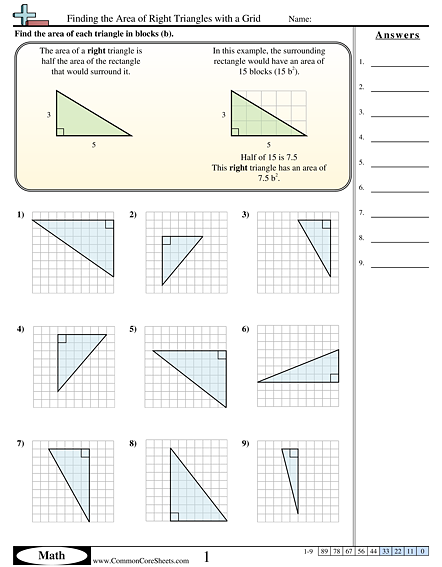 Area & Perimeter Worksheets - Finding the Area of Right Triangles with a Grid worksheet